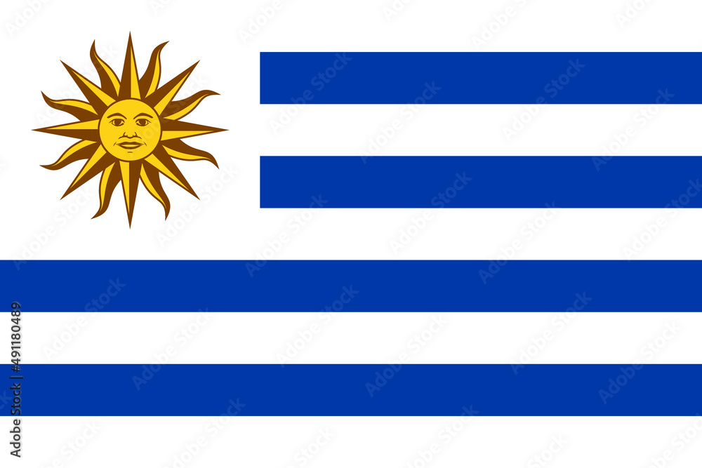 Obraz premium National Flag of Oriental Republic of the Uruguay, Four horizontal stripes of blue with the upper hoist-side corner bearing the Sun of May in the center over a white canvas