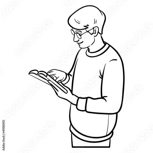 young man reading with book in hand. outline, comic, monochrome.