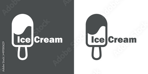 Popsicle logo. Icono con texto Ice cream con silueta de helado con paleta de madera con líneas en fondo gris y fondo blanco