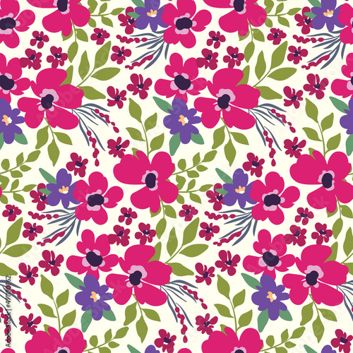 Seamless pattern with bouquets of hand-drawn plants. Spring floral print with artistic flowers, leaves on a white background. Romantic botanical surface. Vector illustration.