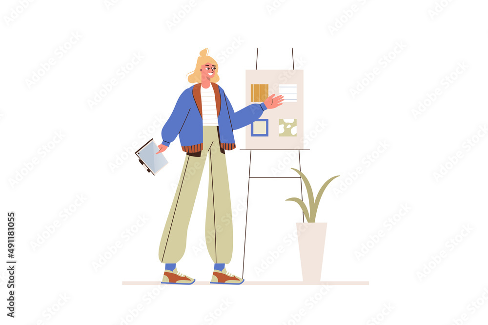 Design studio concept in flat design. Young girl works as illustrator designer and crates fabric prints and patterns, making art projects. Vector illustration with isolated people scene for web banner Design studio concept in flat design. Young girl works as illustrator designer and crates fabric prints and patterns, making art projects. Vector illustration with isolated people scene for web banner