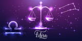Futuristic Libra zodiac sign on dark purple background. Glowing low polygonal design vector. 