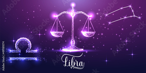 Futuristic Libra zodiac sign on dark purple background. Glowing low polygonal design vector. 
