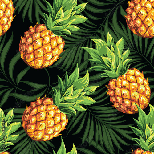 Fototapeta Naklejka Na Ścianę i Meble -  Pineapples. Seamless pattern with ripe and fresh tropical fruits. Vector image.