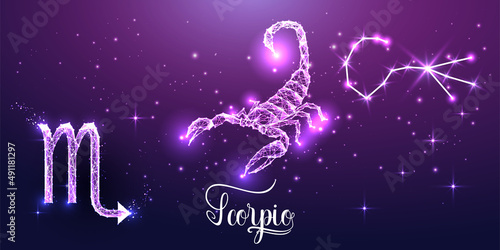 Futuristic Scorpio zodiac sign on dark purple background. Glowing low polygonal design vector. 