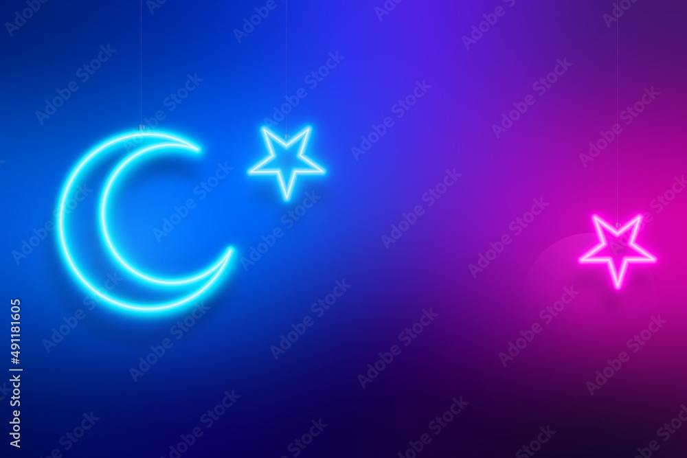 Pink and blue gradient banner for Ramadan Kareem. Bright modern design with neon crescent moon and stars. Vector background. Pink and blue gradient banner for Ramadan Kareem. Bright modern design with neon crescent moon and stars. Vector background.