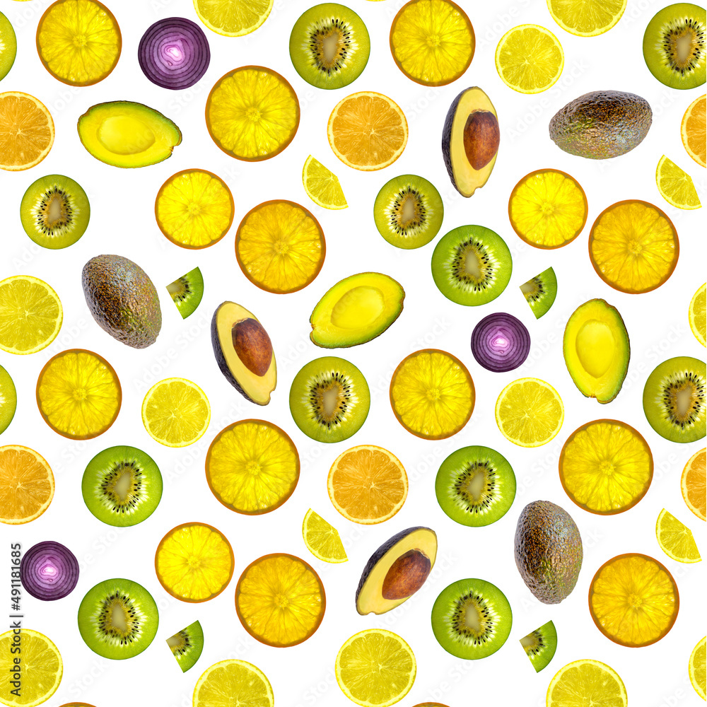 Pattern, avocado, lemon, orange close-up on a light background. Isolated background, design, photography.
Pattern, avocado, lemon, orange close-up on a light background. Isolated background, design, photography.