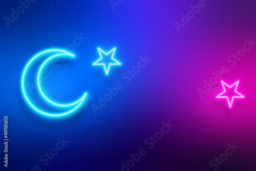 Pink and blue gradient banner for Ramadan Kareem. Bright modern design with neon crescent moon and stars. Vector background.
