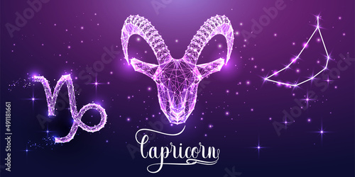 Futuristic Capricorn zodiac sign on dark purple background. Glowing low polygonal design vector. 