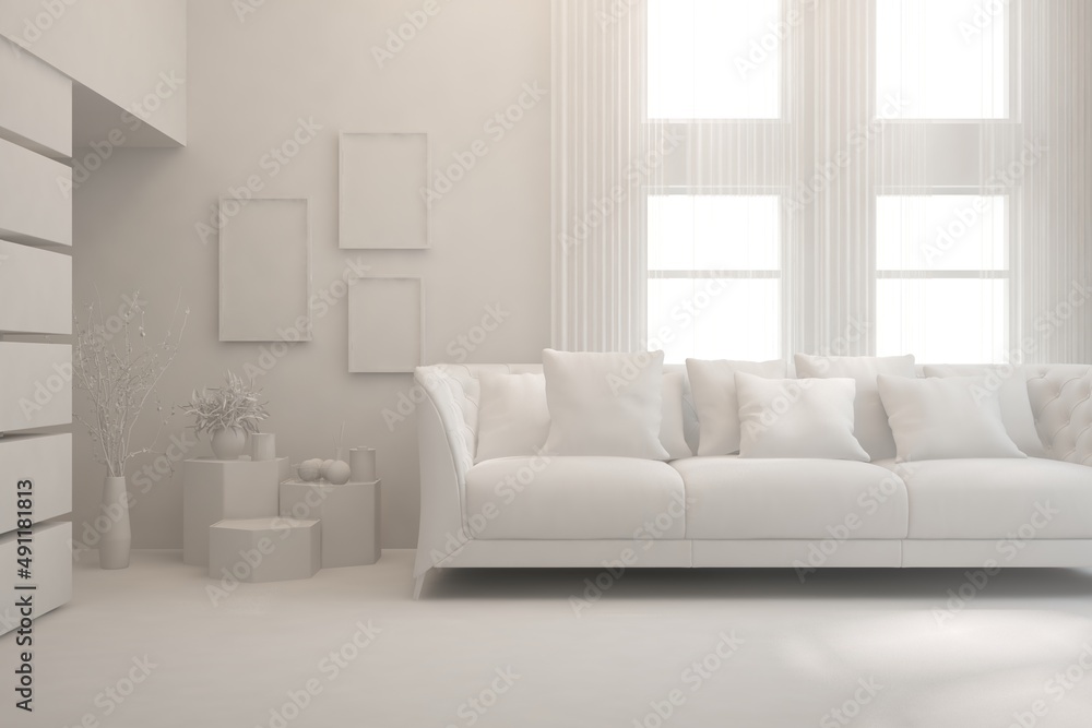 White minimalist living room with sofa. Scandinavian interior design. 3D illustration White minimalist living room with sofa. Scandinavian interior design. 3D illustration