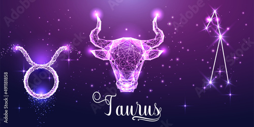 Futuristic Taurus zodiac sign on dark purple background. Glowing low polygonal design vector. 