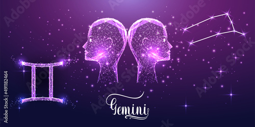 Futuristic Gemini zodiac sign on dark purple background. Glowing low polygonal design vector. 