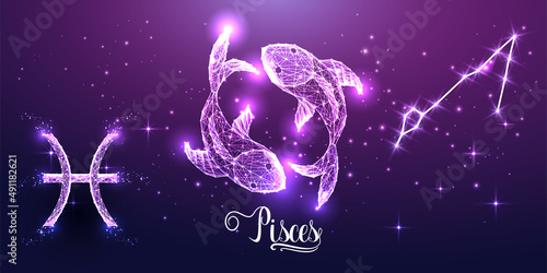 Futuristic Pisces zodiac sign on dark purple background. Glowing low polygonal design vector. 