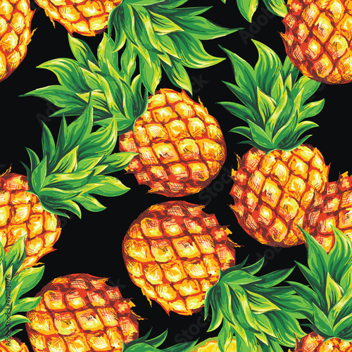 Pineapples. Seamless pattern with ripe and fresh tropical fruits. Vector image.
