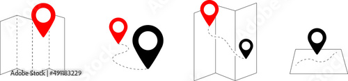 Map and location symbols set. Mapping icon collection. Geolocation map path distance. GPS cartography position. Pinpoint, map search, route, navigator