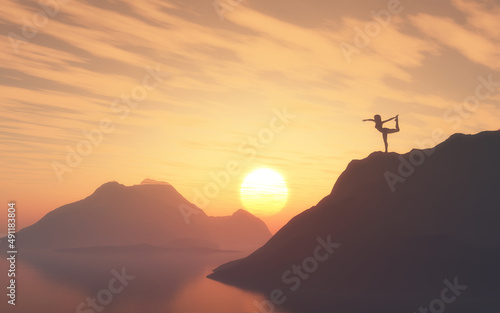 3D silhouette of a female in yoga positon on a mountain top against sunset sky