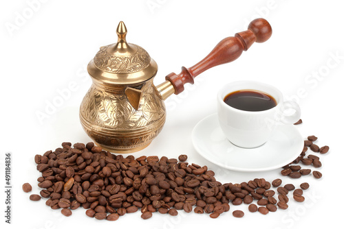 cup of coffee , coffee pot and coffee beans