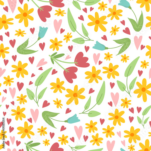 Cute floral Easter spring seamless pattern with simple doodle flowers, leaves and hearts on white background. Hand drawn vector springtime texture