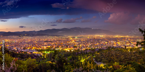 Beautiful panorama of night Athens  Greece  Europe. View of the city at night