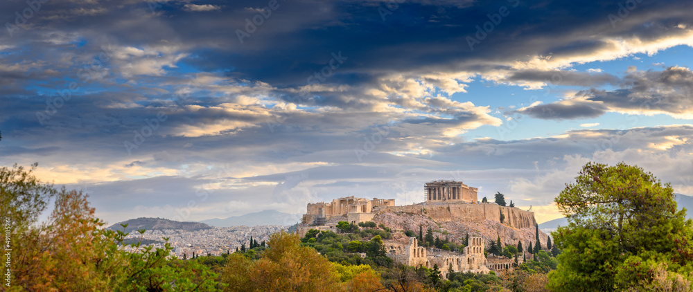 Panorama of Athens with Acropolis hill, Athens, Greece. Picturesque view of the remains of the ancient city of Athens.