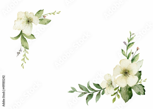 Watercolor wreath with green forest foliage and flowers.