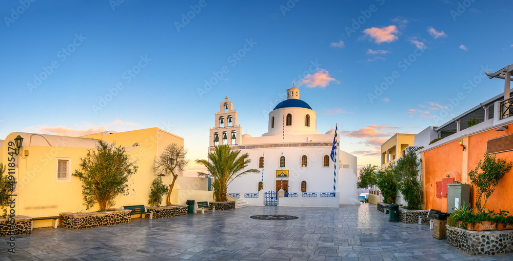 Church of Panagia Platsani in Oia Village on Santorini Island, Greece. Scenic summer travel and vacation background.