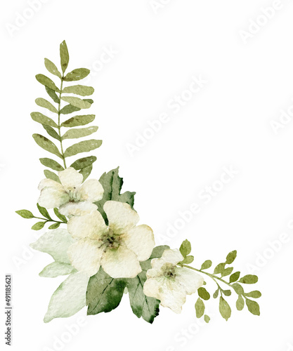 Watercolor wreath with green forest foliage and flowers.
