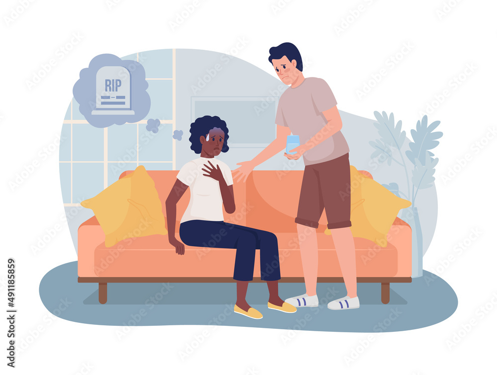 Death anxiety 2D vector isolated illustration. Woman had panic attack ...
