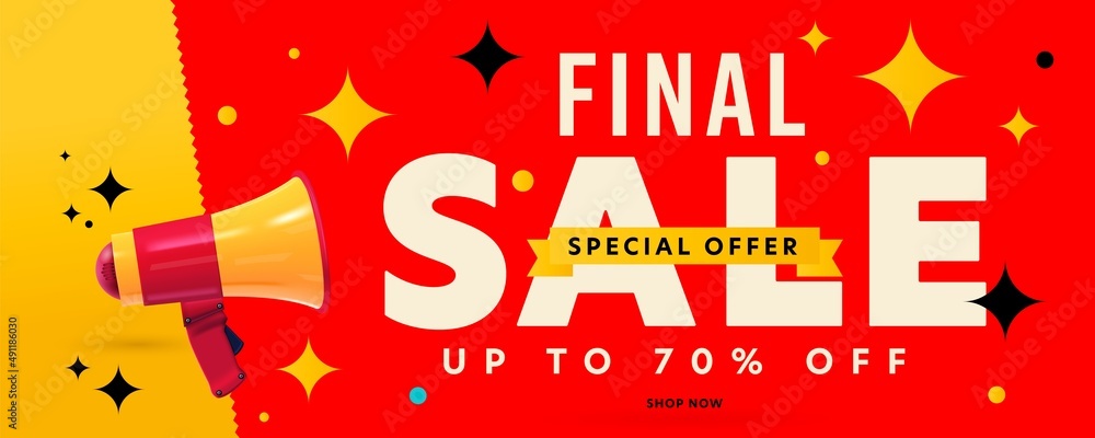 Final sale discount special offer header banner template. Last chance to  shop now with wholesale advertisement. Up to 70 percent off money save on  shopping online announcement vector illustration Stock Vector