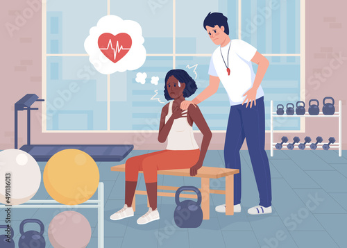Panic attack at gym flat color vector illustration. Coach tries to reassure woman. Physical sensation of stress. Lady has heart attack 2D simple cartoon characters with gym on background