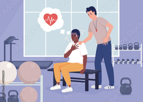 Panic attack at athletic club flat color vector illustration. Coach tries to reassure man. Physical sensation of stress. Man has heart attack 2D simple cartoon characters with gym on background
