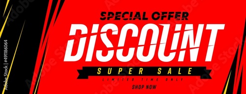 Special offer discount banner with super sale promotion. Website header with shop now advertisement. Limited in time price clearance. Shopping coupon, poster, sticker template vector illustration
