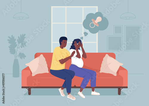 Pregnancy panic attack flat color vector illustration. Expecting child anxiety. Reassuring husband. Woman afraid of having baby 2D simple cartoon characters with living room on background