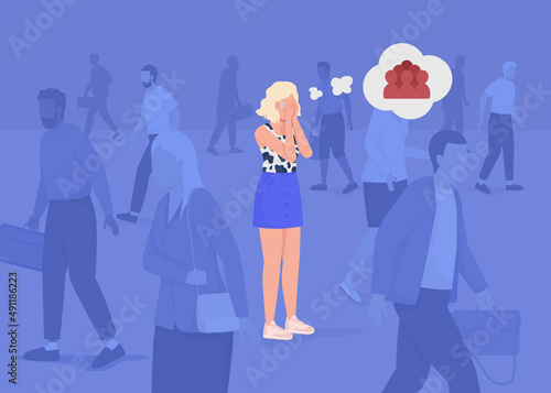 Panic attack in crowd flat color vector illustration. Anxiety disorder. Overcrowded streets. Lady experiences fear and stress 2D simple cartoon characters with strangers on background
