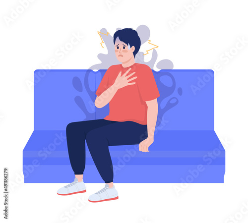 Man having panic attack semi flat color vector character. Sitting figure. Full body person on white. Feel anxious and stressed simple cartoon style illustration for web graphic design and animation