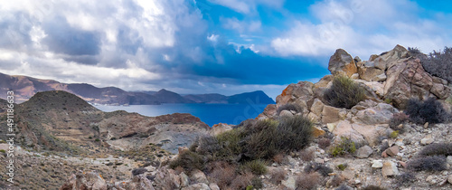 Rocky Coastline and Cliffs, Los Escullos, Cabo de Gata-Níjar Natural Park, UNESCO Biosphere Reserve, Hot Desert Climate Region, Almería, Andalucía, Spain, Europe