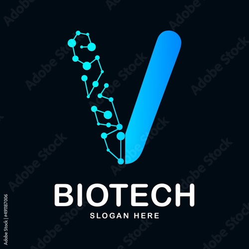 Letter V abstract biotech icon vector design logo. Suitable for biotechnology molecule atom DNA chip symbol, Medicine, science, technology, laboratory, 
