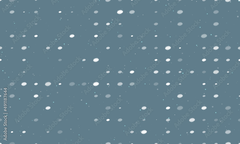 Seamless background pattern of evenly spaced white explosion symbols of different sizes and opacity. Vector illustration on blue gray background with stars