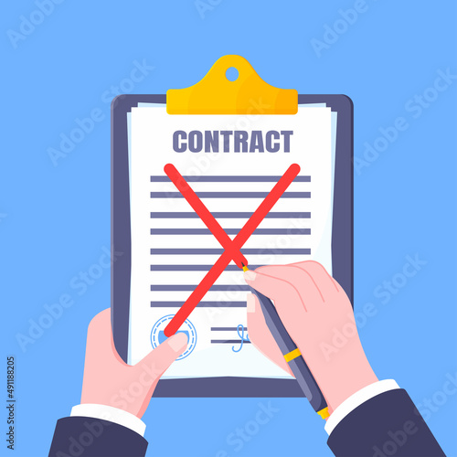Contract cancellation business concept. Hand holds clipboard with Terminated tearing contract paper sheet breach flat style design vector illustration isolated on white background.