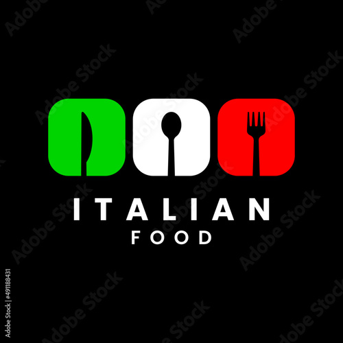 italian food or italian restaurant logo template with italian flag shape and tableware.
