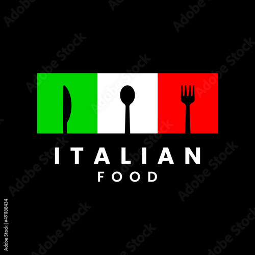 italian food or italian restaurant logo template with italian flag shape and tableware.