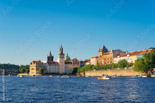Vltava river side with Bedrich Smetana Museum, Old Town Bridge Tower and Charles bridge. Prague, Czech Republic