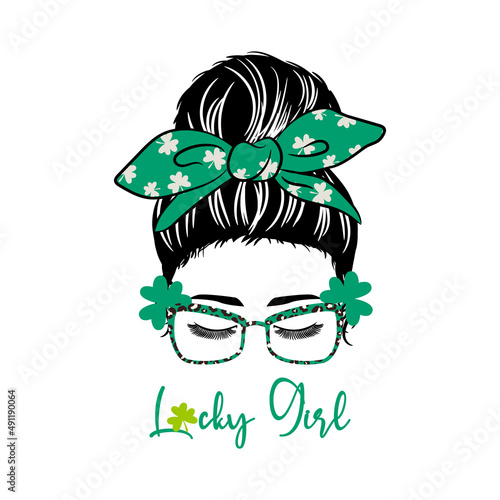 Lucky Girl Messy Bun, Momlife sunflower bow, Silhouette of a woman face with messy hair in a bun with flowers