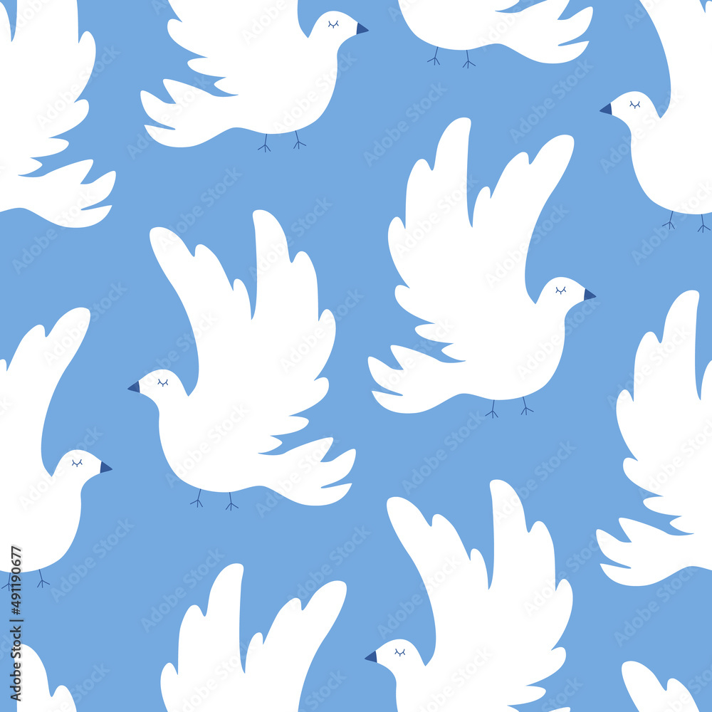 Dove of peace hand drawn vector illustration. Symbol of freedom, love and hope. White birds seamless pattern. Dove of peace hand drawn vector illustration. Symbol of freedom, love and hope. White birds seamless pattern.