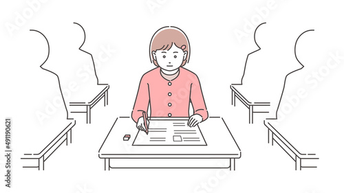 真剣に試験を受ける私服の生徒、教室風景　3色