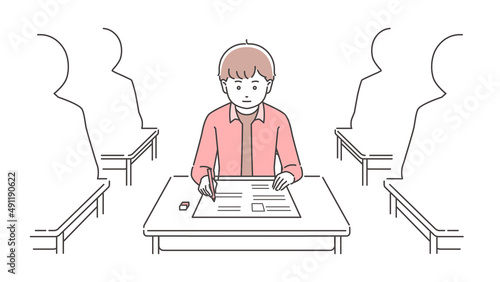 真剣に試験を受ける私服の生徒、教室風景　3色