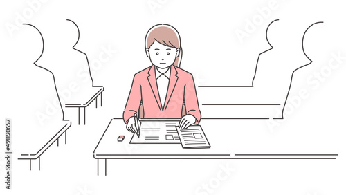 真剣に試験を受けるスーツ姿の人物、室内風景　3色