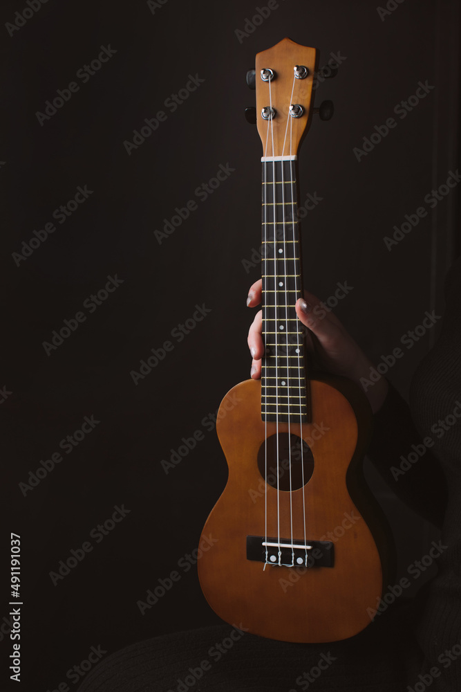 Naklejka premium Musical instrument ukulele in a woman's hand on a dark background