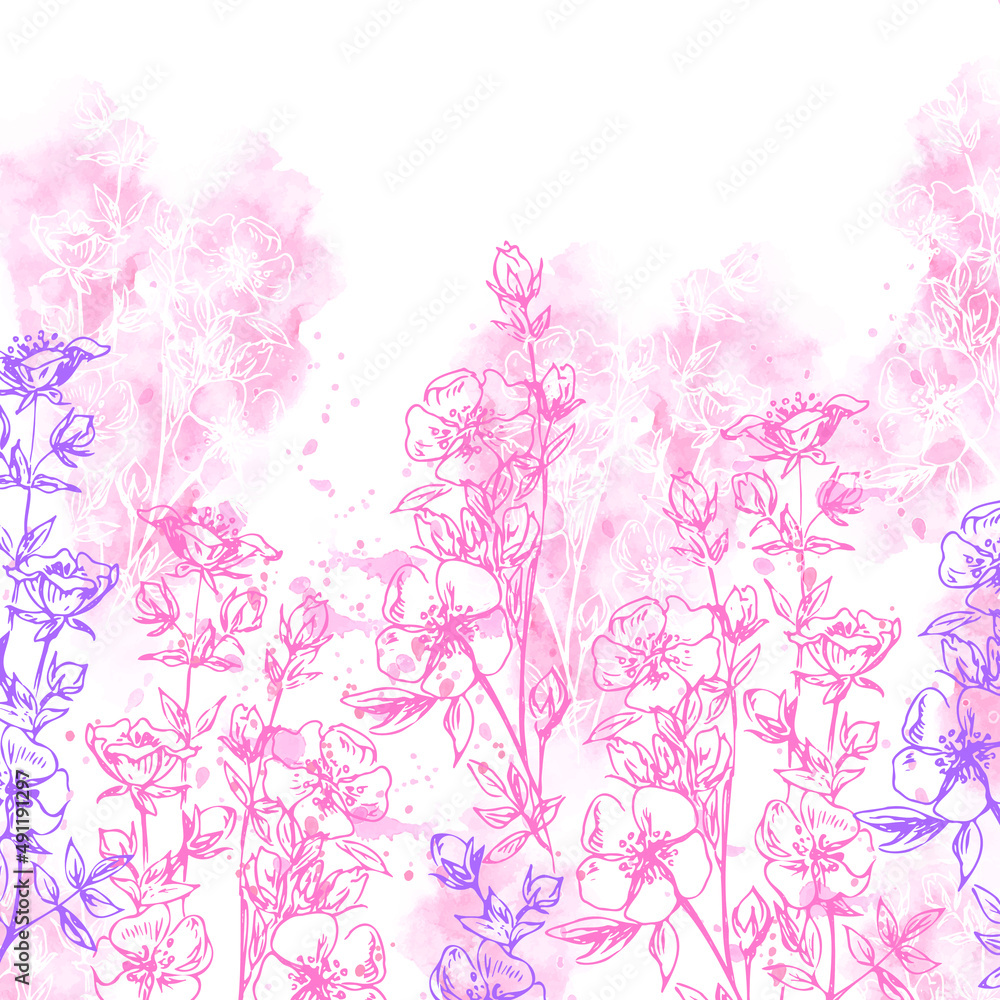 Vector illustration with spring flowering twigs on a watercolor background. Vector illustration with spring flowering twigs on a watercolor background.