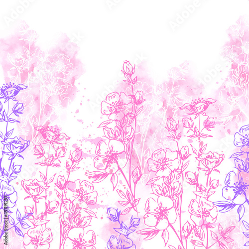 Vector illustration with spring flowering twigs on a watercolor background.